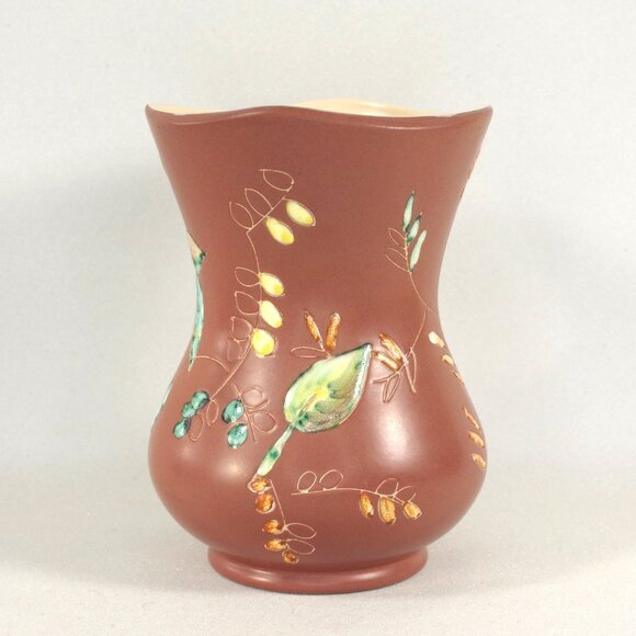 Herta Gertz B.C. Ceramics "Mountain Foliage" 7" Vase, Midcentury Vase Scraffito - Picture 3 of 7